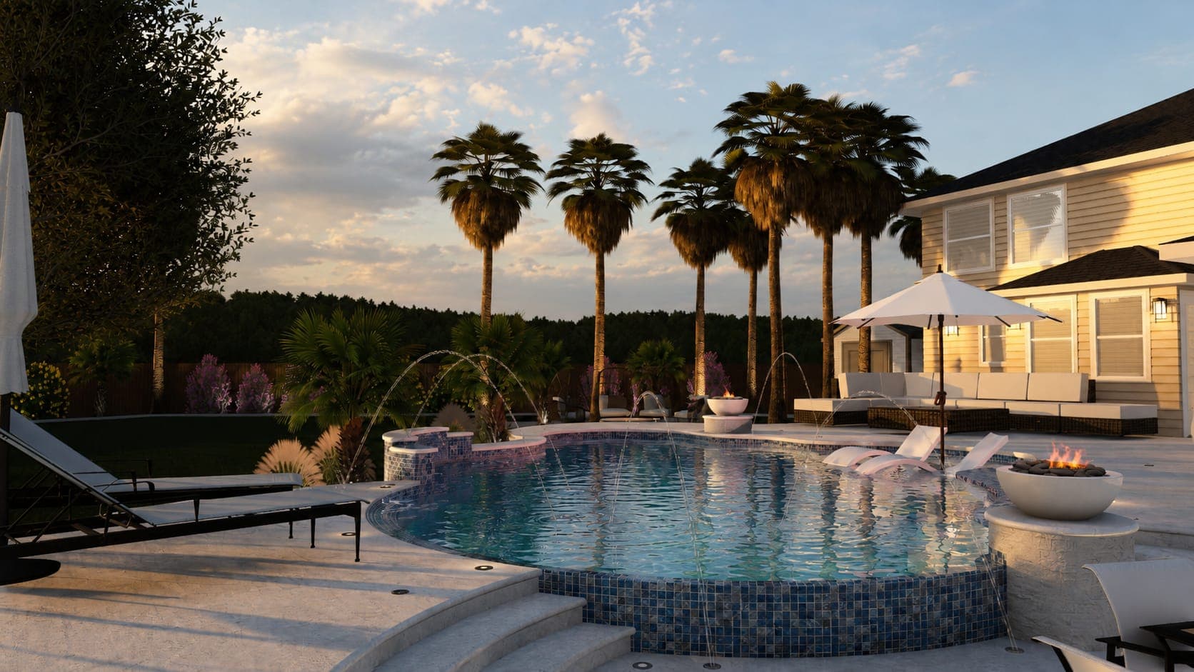 Desert pool and spa at dusk with covered patio, deck jets, and lounge seating