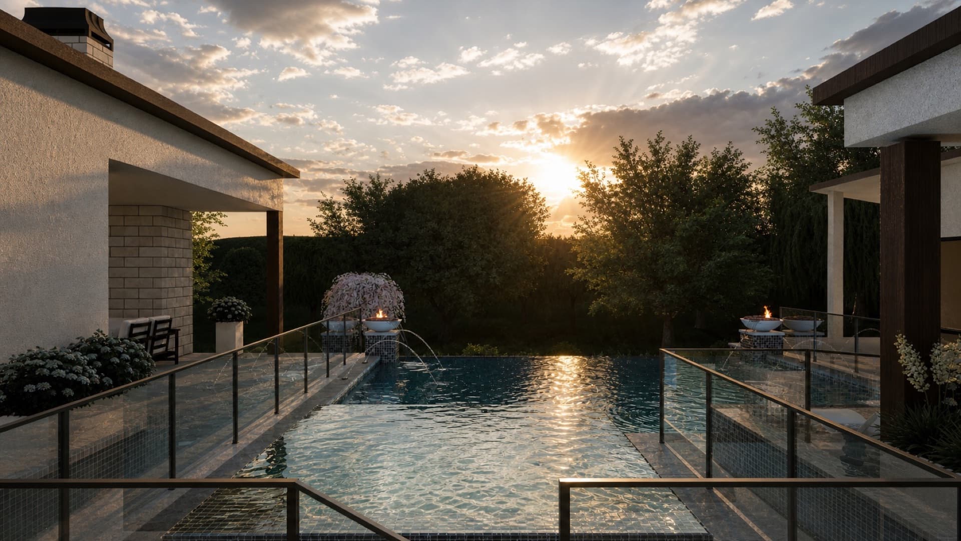 Modern rectangular pool with sun shelf and outdoor seating