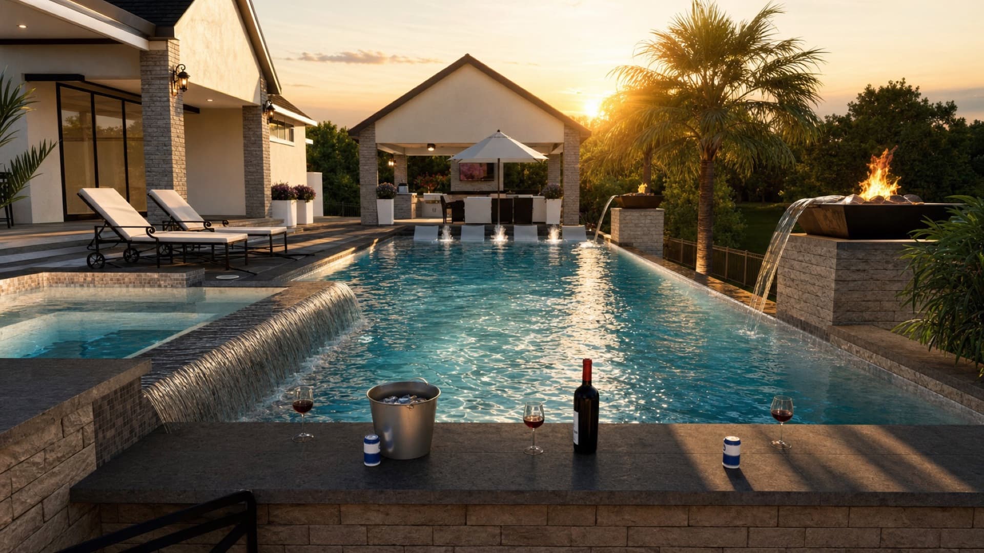 Custom pool design with raised stone walls