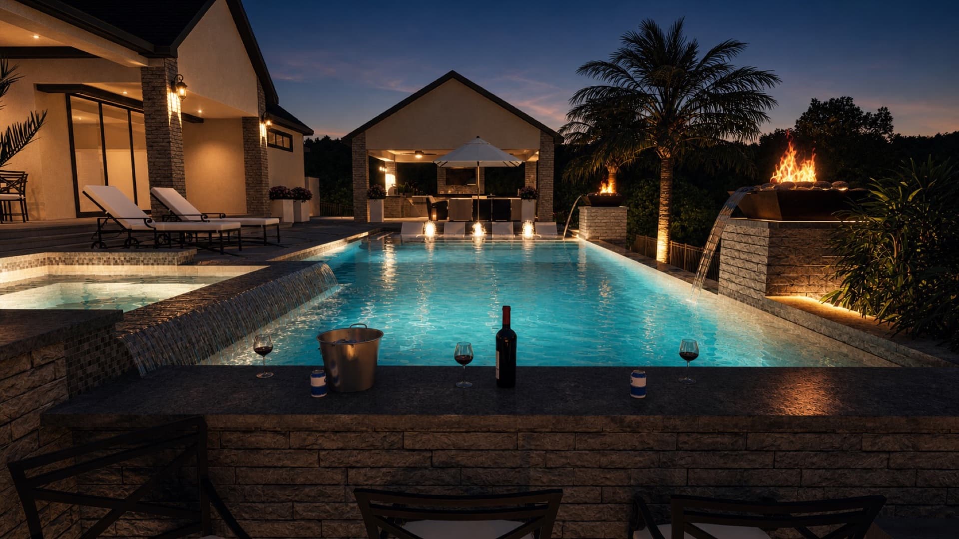 Pool with raised spa and cascade water feature