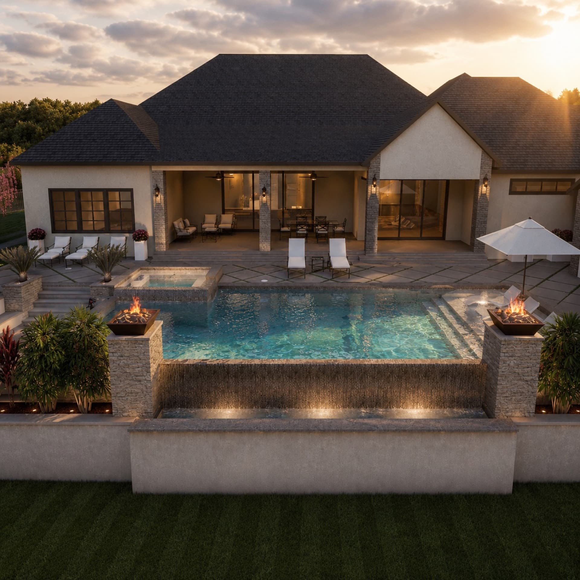 Pool with cascade waterfall, fire bowls, and lit interior