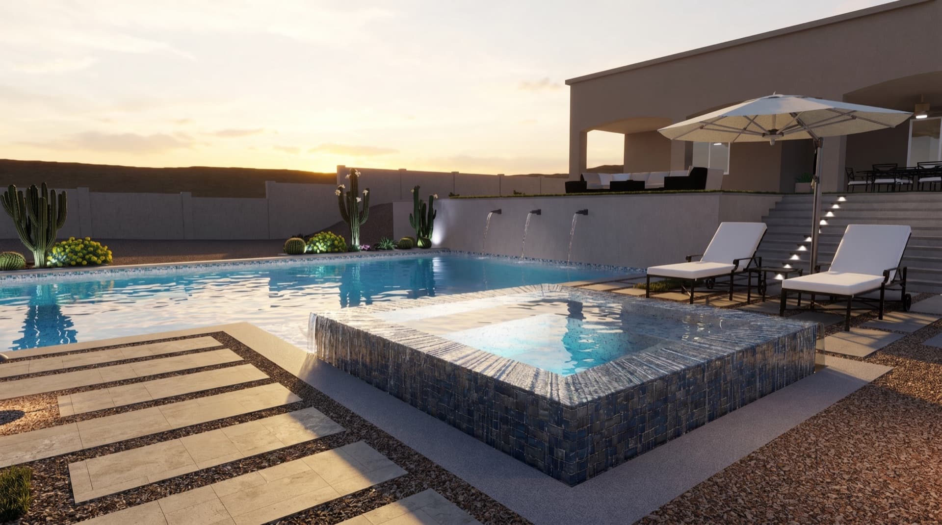 Modern desert pool with raised glass-tile spa and lounge seating