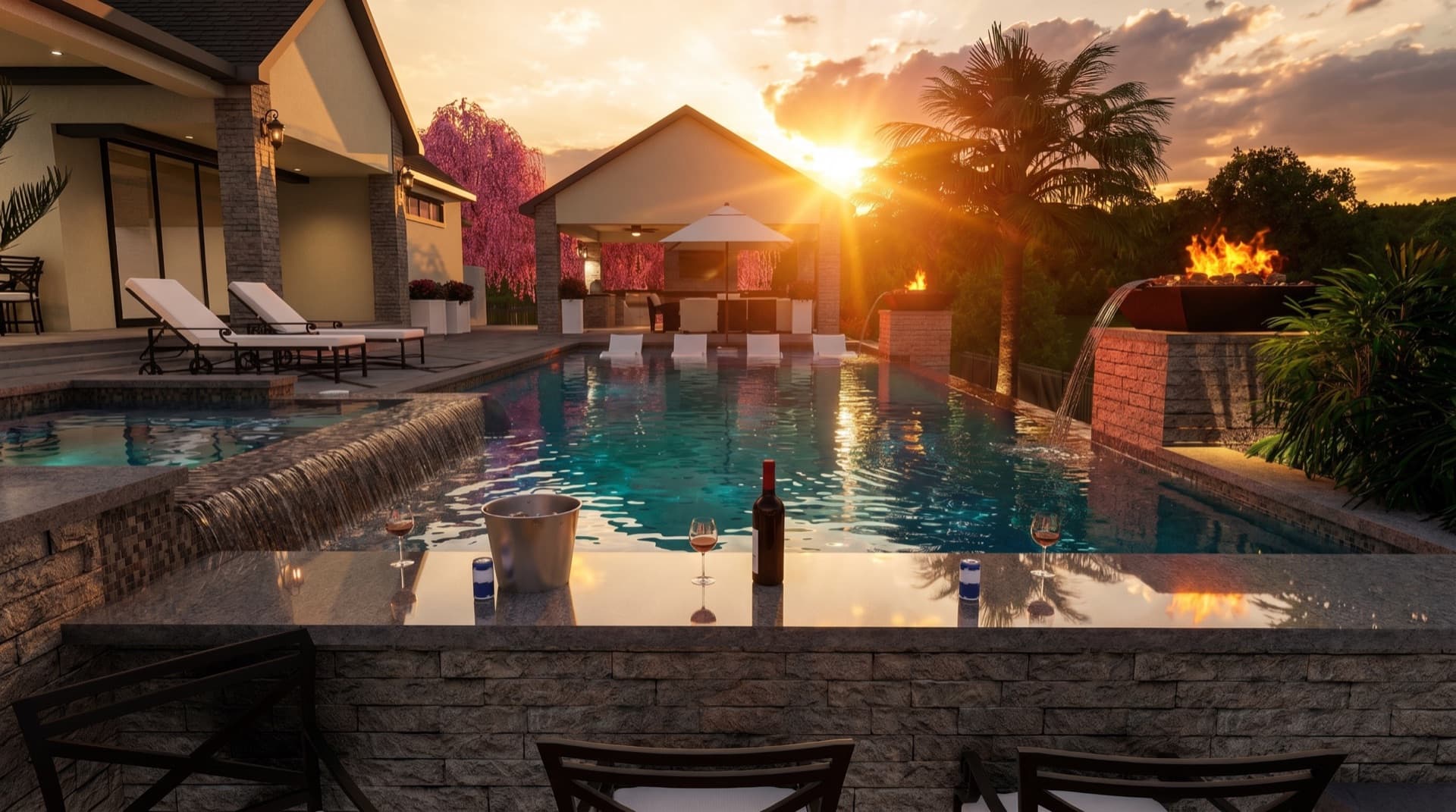 Sunset pool with swim-up bar, fire wall, cascade waterfall, and lush landscaping