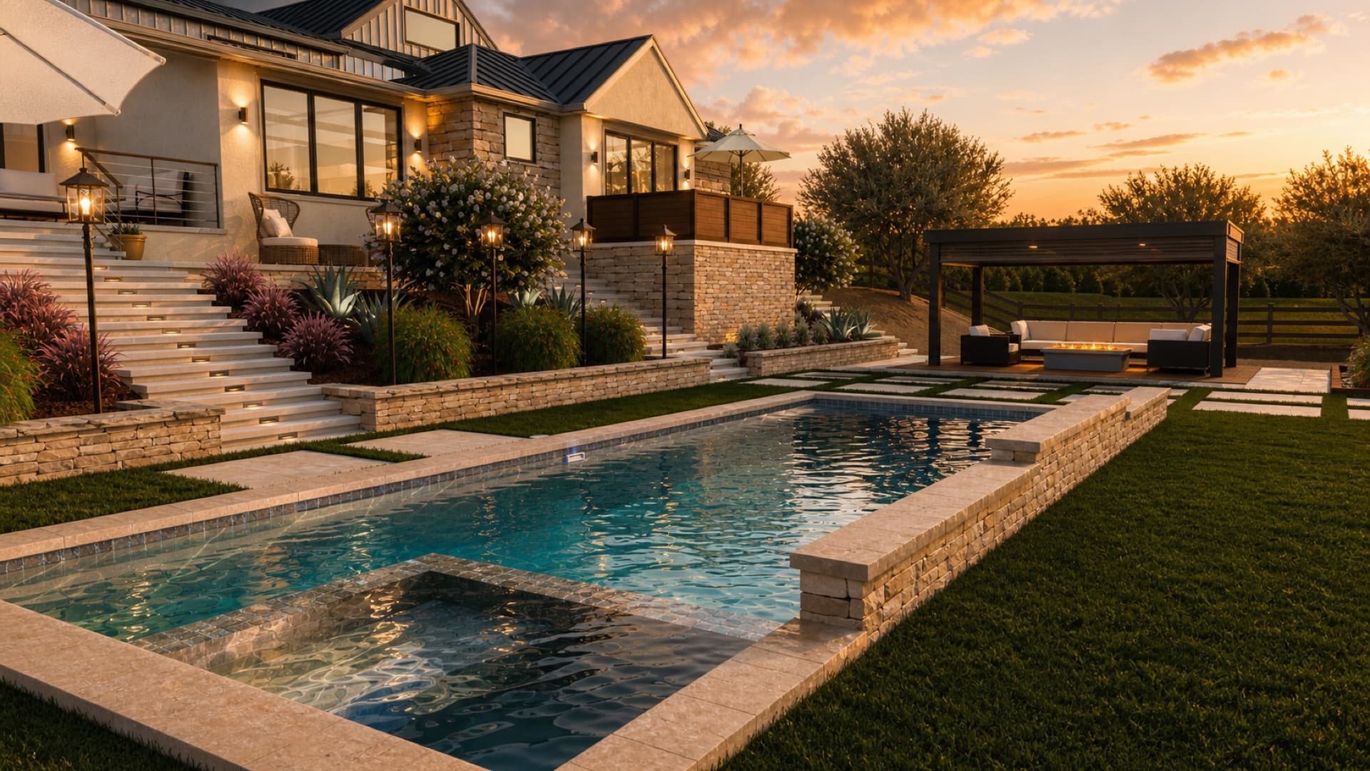 Rectangle pool with spa and stone walkways at golden hour