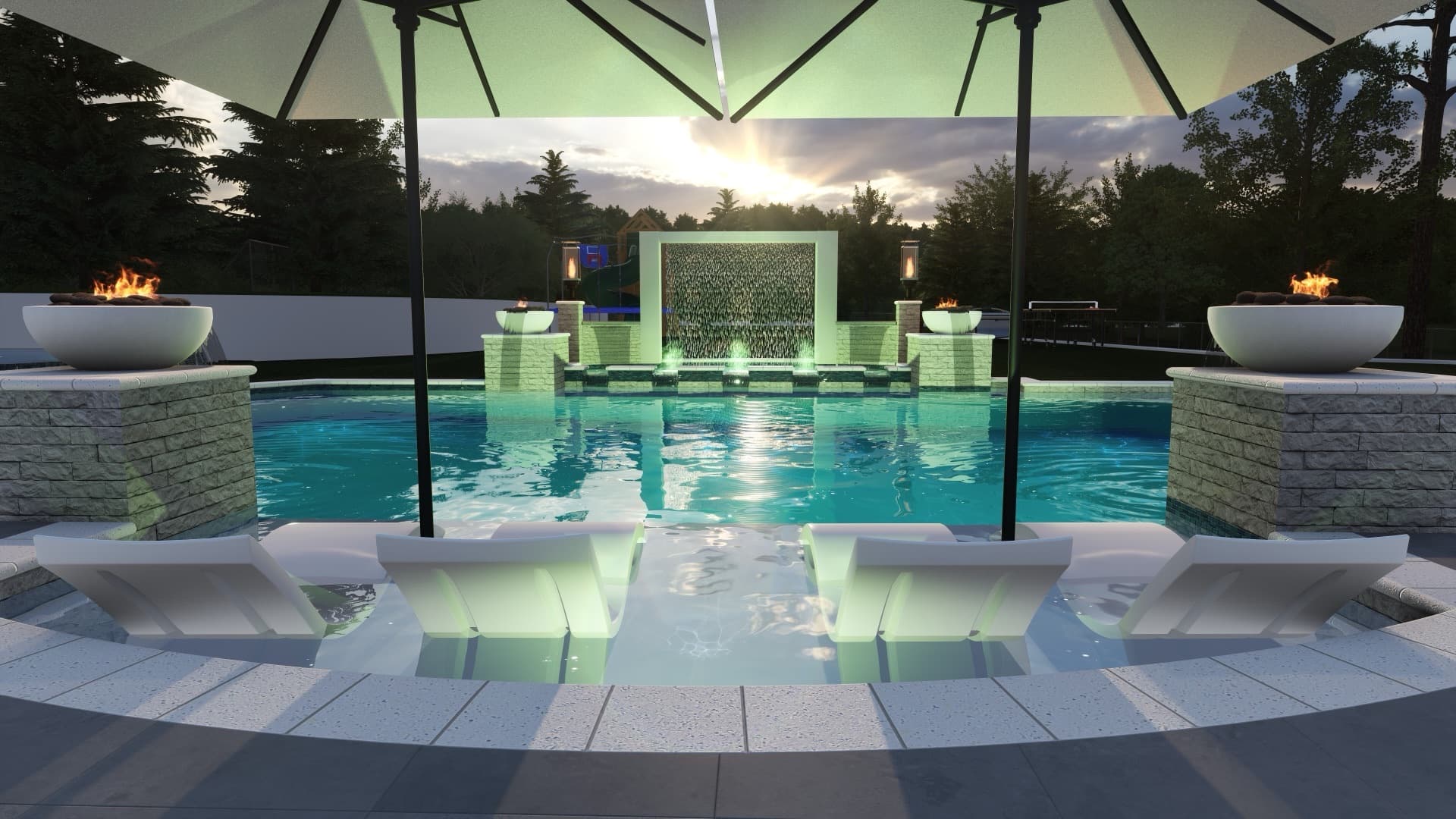 Pool design with raised spa and stone surround