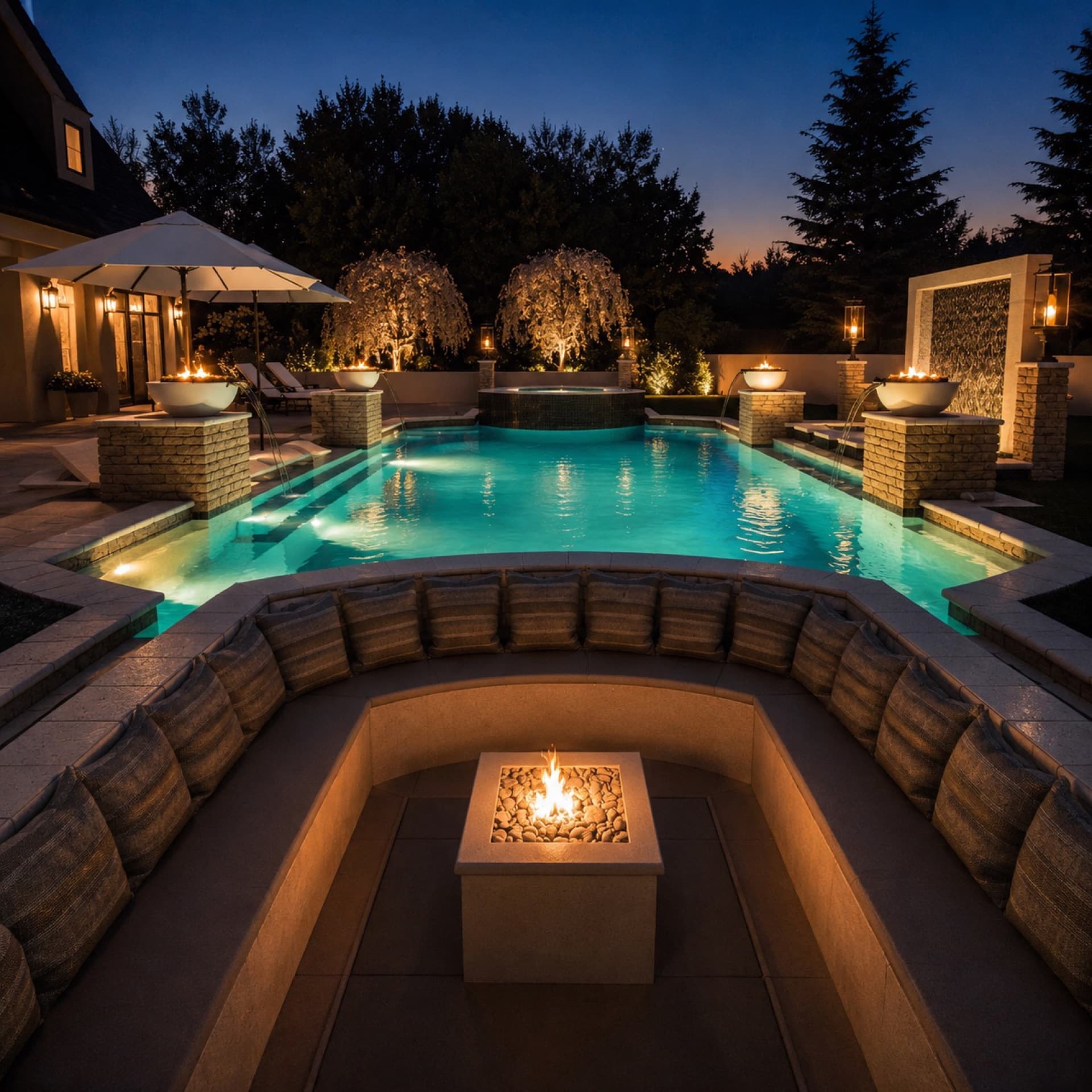 Modern pool design with tile and spa