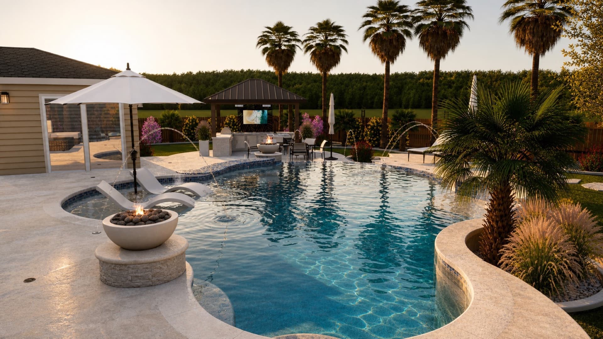 Freeform pool with palm trees, cabana, and water features