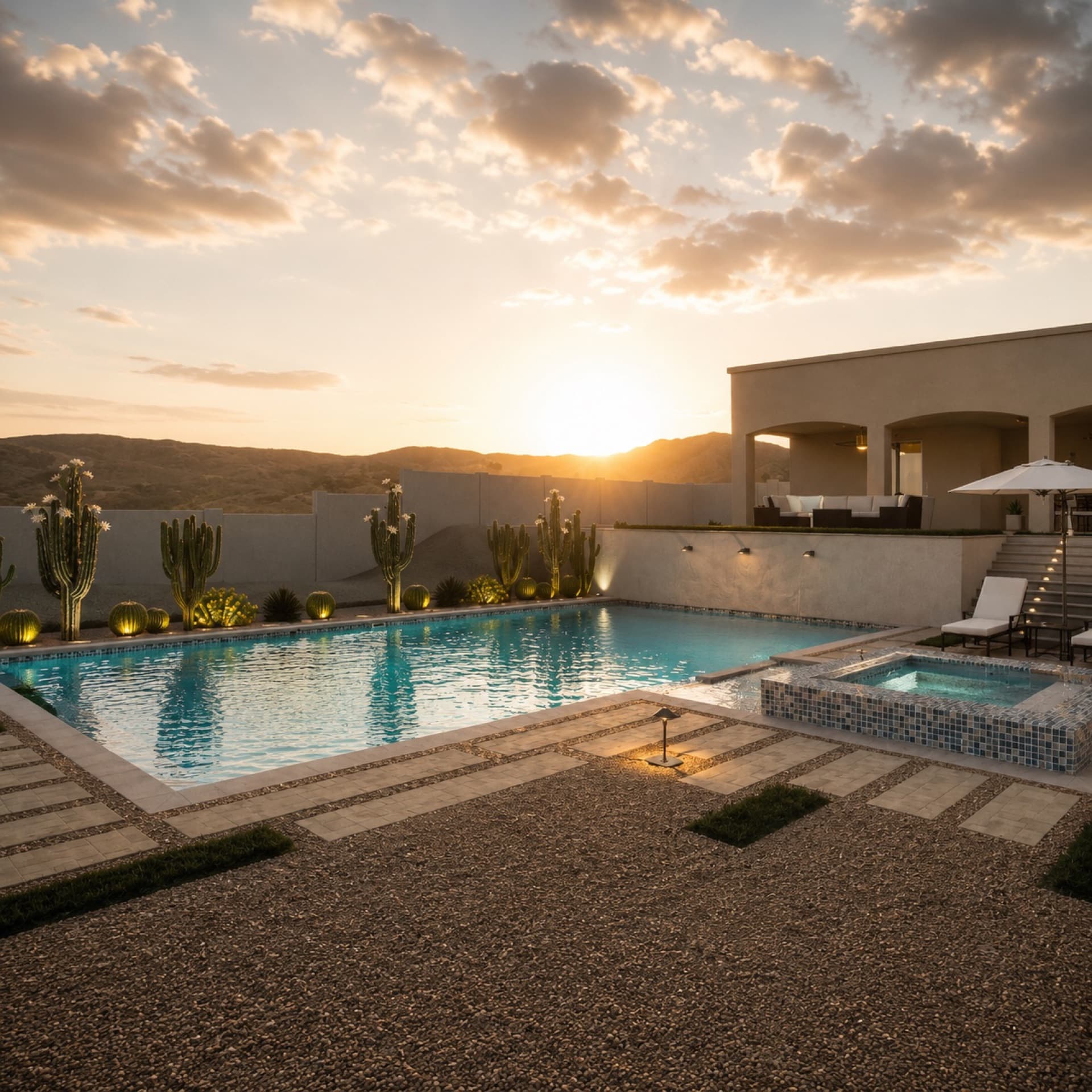 Desert sunset pool with cactus landscape and infinity edge